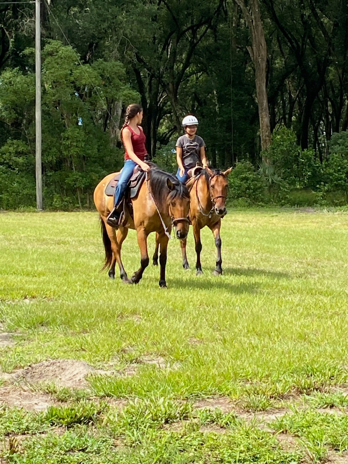 Two riders enjoying a Western ride in a green pasture